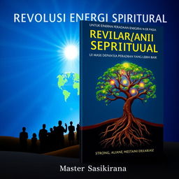 Book cover design titled 'REVOLUSI ENERGI SPIRITUAL UNTUK MASA DEPAN PERADABAN YANG LEBIH BAIK' with silhouettes of a group of people facing a distant, radiant light, symbolizing the pursuit of enlightenment and civilization's improvement