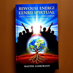 Book cover design titled 'REVOLUSI ENERGI SPIRITUAL UNTUK MASA DEPAN PERADABAN YANG LEBIH BAIK' with silhouettes of a group of people facing a distant, radiant light, symbolizing the pursuit of enlightenment and civilization's improvement