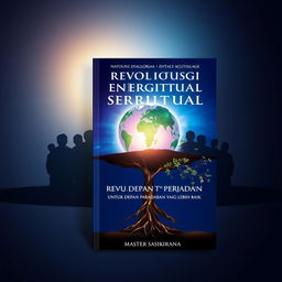 Book cover design titled 'REVOLUSI ENERGI SPIRITUAL UNTUK MASA DEPAN PERADABAN YANG LEBIH BAIK' with silhouettes of a group of people facing a distant, radiant light, symbolizing the pursuit of enlightenment and civilization's improvement