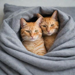 Two orange cats in a loving embrace, cocooned within a soft, warm grey blanket.