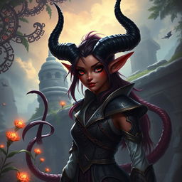 A female tiefling, characterized by her majestic horns, a long slender tail, and striking red-maroon (granate) skin