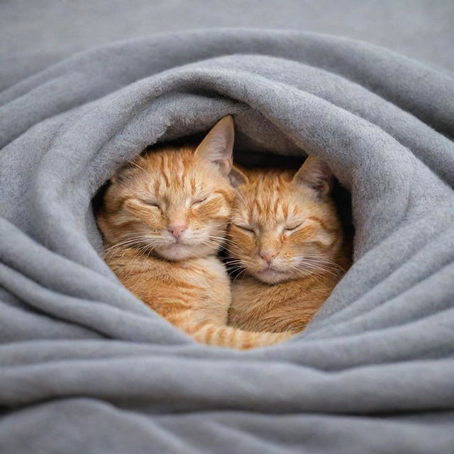 Two orange cats in a loving embrace, cocooned within a soft, warm grey blanket.