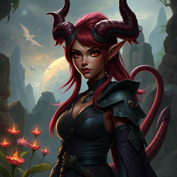 A female tiefling, characterized by her majestic horns, a long slender tail, and striking red-maroon (granate) skin