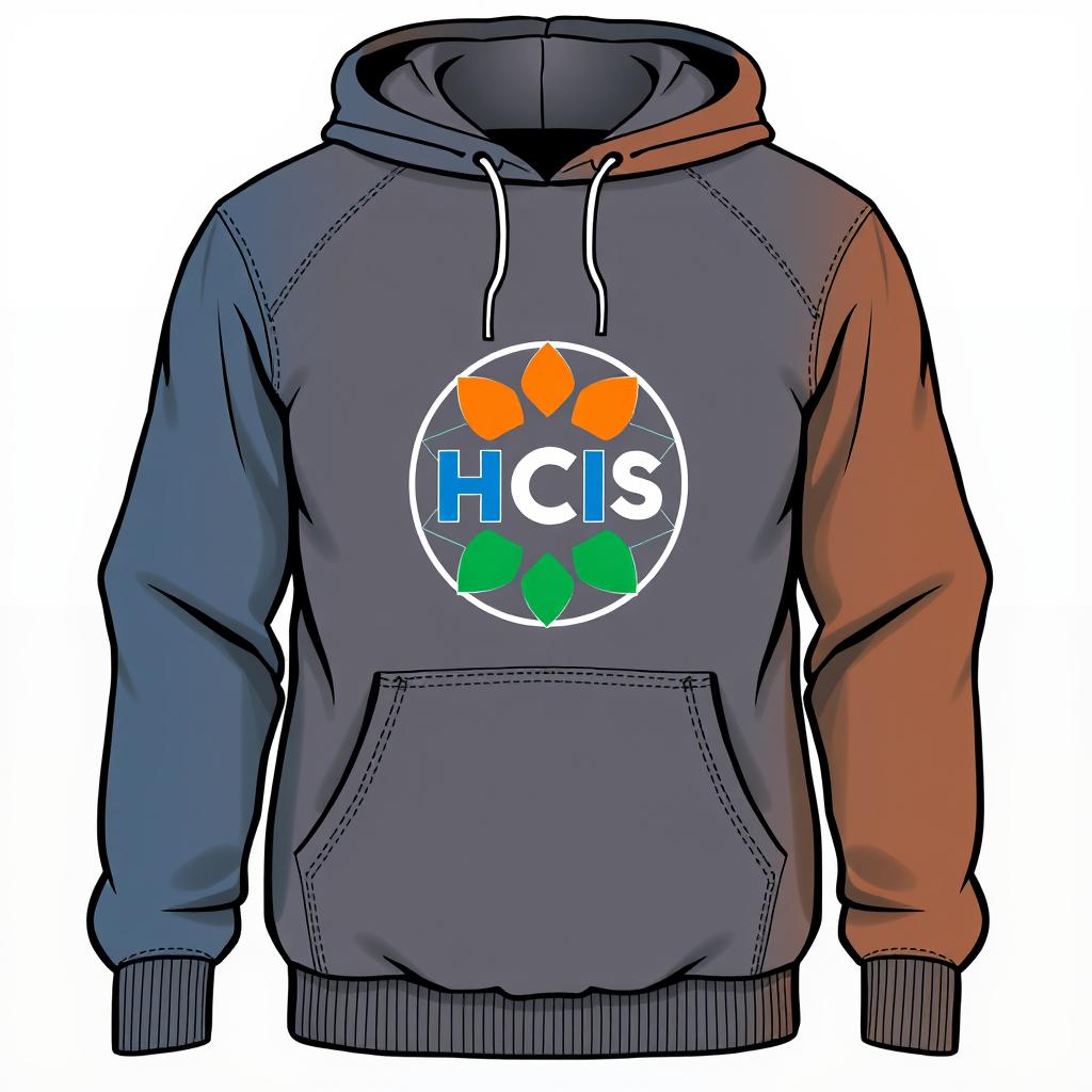 Create a detailed illustration of a hoodie featuring the HCIS logo prominently on the front