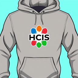 Create a detailed illustration of a hoodie featuring the HCIS logo prominently on the front