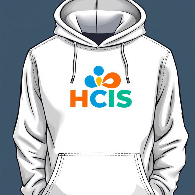 Create a detailed illustration of a hoodie featuring the HCIS logo prominently on the front