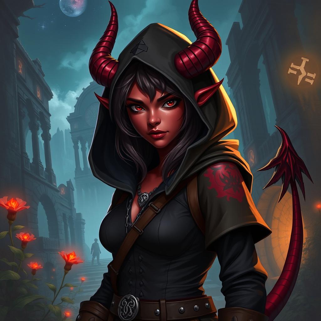 A fantasy character, a female tiefling, with distinct demonic features including majestic horns, a tail, and striking red-maroon (granate) skin