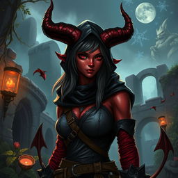 A fantasy character, a female tiefling, with distinct demonic features including majestic horns, a tail, and striking red-maroon (granate) skin