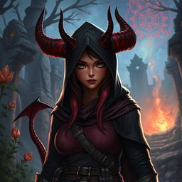 A fantasy character, a female tiefling, with distinct demonic features including majestic horns, a tail, and striking red-maroon (granate) skin