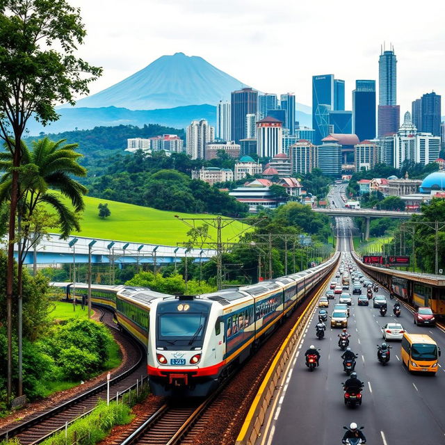 A bustling scene showcasing the diverse transportation infrastructure of East Java and Jakarta, Indonesia