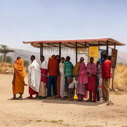 A group of Ethiopian people waiting at a bus stop, with a rustic Ethiopian countryside as the background.