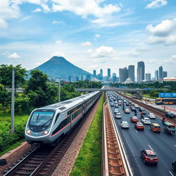 A bustling scene showcasing the diverse transportation infrastructure of East Java and Jakarta, Indonesia