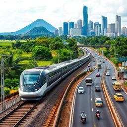 A bustling scene showcasing the diverse transportation infrastructure of East Java and Jakarta, Indonesia