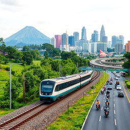 A bustling scene showcasing the diverse transportation infrastructure of East Java and Jakarta, Indonesia