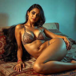 An Indian woman lying gracefully on a bed, showcasing her cultural beauty