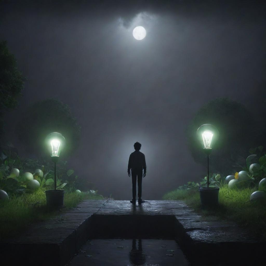 Generate an animated image of a character, standing on the edge of two worlds. On one side is a lush, brightly lit area representing 'good', and on the other, a dark, stormy area symbolizing 'evil'. The character is balancing light bulbs for correct and incorrect ideas.