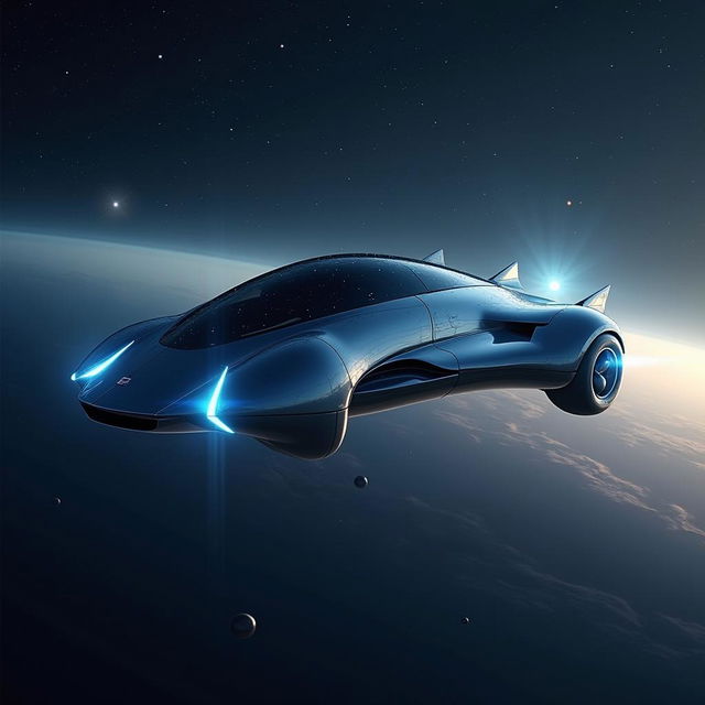 A futuristic flying car gracefully soaring through space, with sleek aerodynamic design and glowing blue thrusters