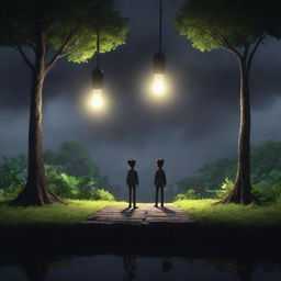 Generate an animated image of a character, standing on the edge of two worlds. On one side is a lush, brightly lit area representing 'good', and on the other, a dark, stormy area symbolizing 'evil'. The character is balancing light bulbs for correct and incorrect ideas.