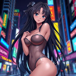 A sultry anime girl with long flowing hair, strikingly beautiful eyes, and a confident expression