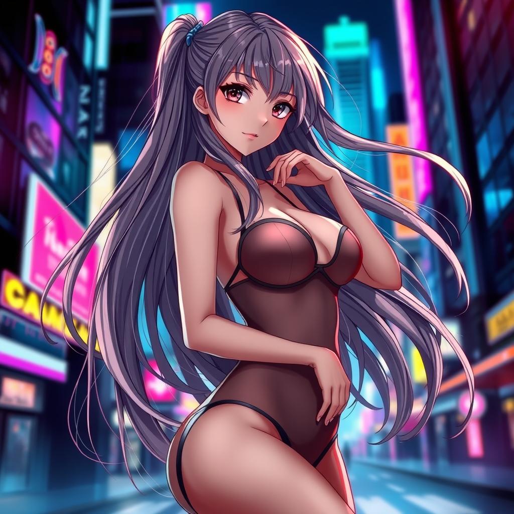 A sultry anime girl with long flowing hair, strikingly beautiful eyes, and a confident expression