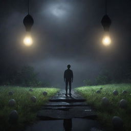 Generate an animated image of a character, standing on the edge of two worlds. On one side is a lush, brightly lit area representing 'good', and on the other, a dark, stormy area symbolizing 'evil'. The character is balancing light bulbs for correct and incorrect ideas.