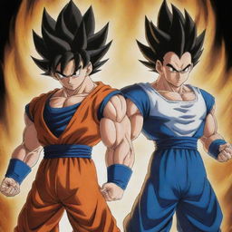 A powerful fusion of Goku and Vegeta from Dragon Ball Z, combining their distinctive features and battle armors.