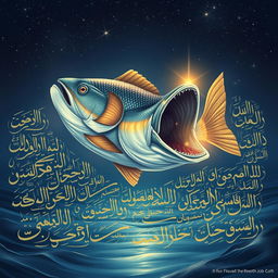 A majestic and surreal illustration of a giant fish with its mouth wide open, emerging from a sea of beautiful calligraphic Arabic script, resembling verses from the Quran