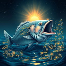 A majestic and surreal illustration of a giant fish with its mouth wide open, emerging from a sea of beautiful calligraphic Arabic script, resembling verses from the Quran