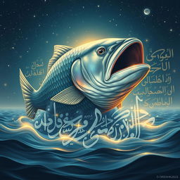 A majestic and surreal illustration of a giant fish with its mouth wide open, emerging from a sea of beautiful calligraphic Arabic script, resembling verses from the Quran