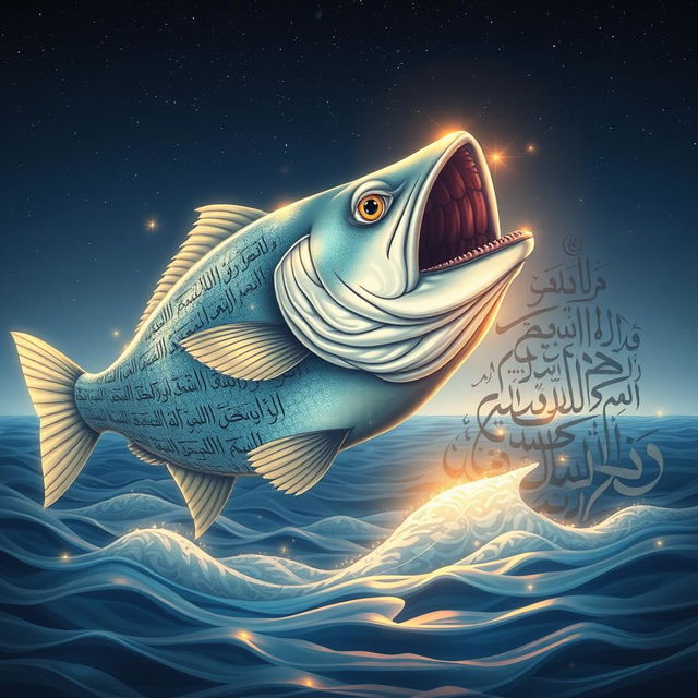 A majestic and surreal illustration of a giant fish with its mouth wide open, emerging from a sea of beautiful calligraphic Arabic script, resembling verses from the Quran