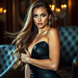 A stunning, seductive woman with long flowing hair, striking eyes, and a confident pose