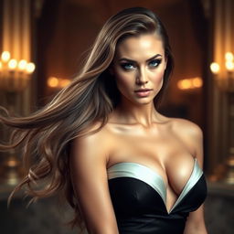 A stunning, seductive woman with long flowing hair, striking eyes, and a confident pose