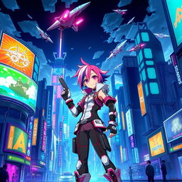 A vibrant anime scene featuring a futuristic cityscape filled with glowing neon lights