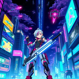 A vibrant anime scene featuring a futuristic cityscape filled with glowing neon lights