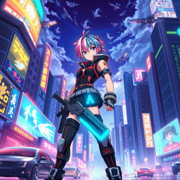 A vibrant anime scene featuring a futuristic cityscape filled with glowing neon lights