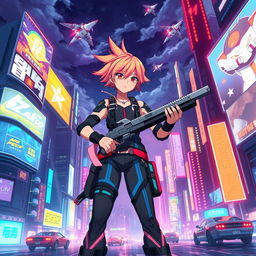 A vibrant anime scene featuring a futuristic cityscape filled with glowing neon lights