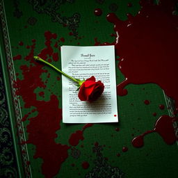 A green Muslim prayer rug heavily stained with blood