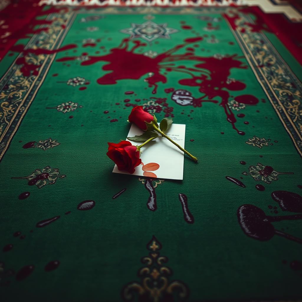 A green Muslim prayer rug heavily stained with blood