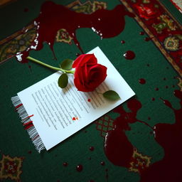 A green Muslim prayer rug heavily stained with blood