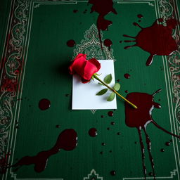 A green Muslim prayer rug heavily stained with blood