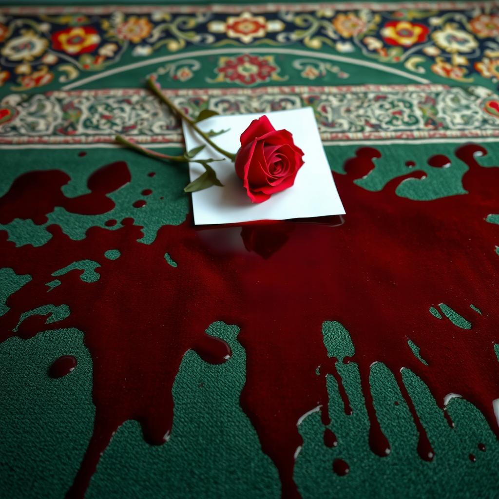 A realistic depiction of a green Muslim prayer rug heavily stained with fresh, dark red blood