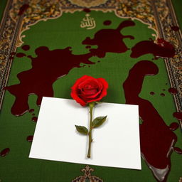 A realistic depiction of a green Muslim prayer rug heavily stained with fresh, dark red blood