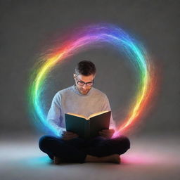 Generate an image of an individual deeply engrossed in reading a book filled with 'ideas' visibly flowing out from the open pages in the form of luminous, colored waves or streams.