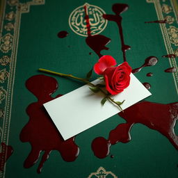 A realistic depiction of a green Muslim prayer rug heavily stained with fresh, dark red blood