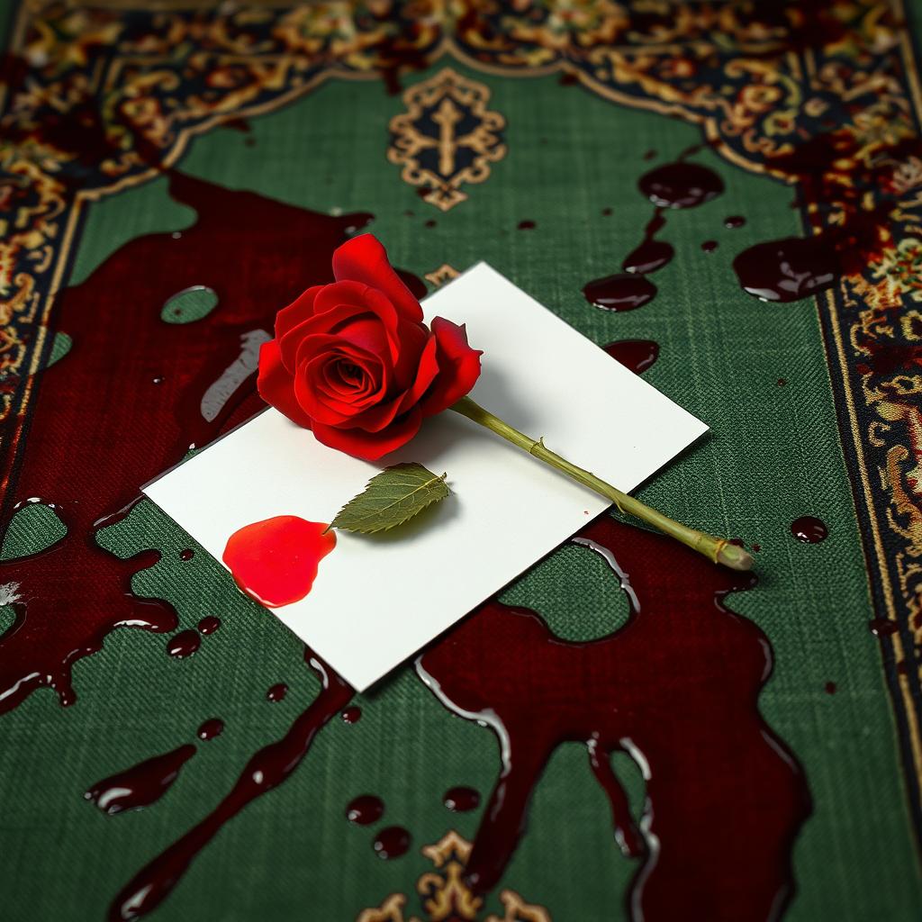 A realistic depiction of a green Muslim prayer rug heavily stained with fresh, dark red blood