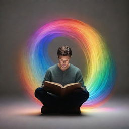 Generate an image of an individual deeply engrossed in reading a book filled with 'ideas' visibly flowing out from the open pages in the form of luminous, colored waves or streams.