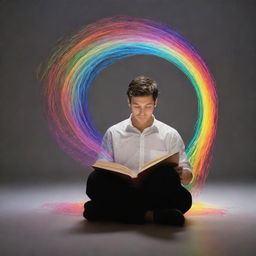 Generate an image of an individual deeply engrossed in reading a book filled with 'ideas' visibly flowing out from the open pages in the form of luminous, colored waves or streams.