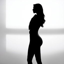 A sensual silhouette of a nude female figure, elegantly posed in profile, with soft lighting casting gentle shadows