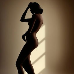 A sensual silhouette of a nude female figure, elegantly posed in profile, with soft lighting casting gentle shadows