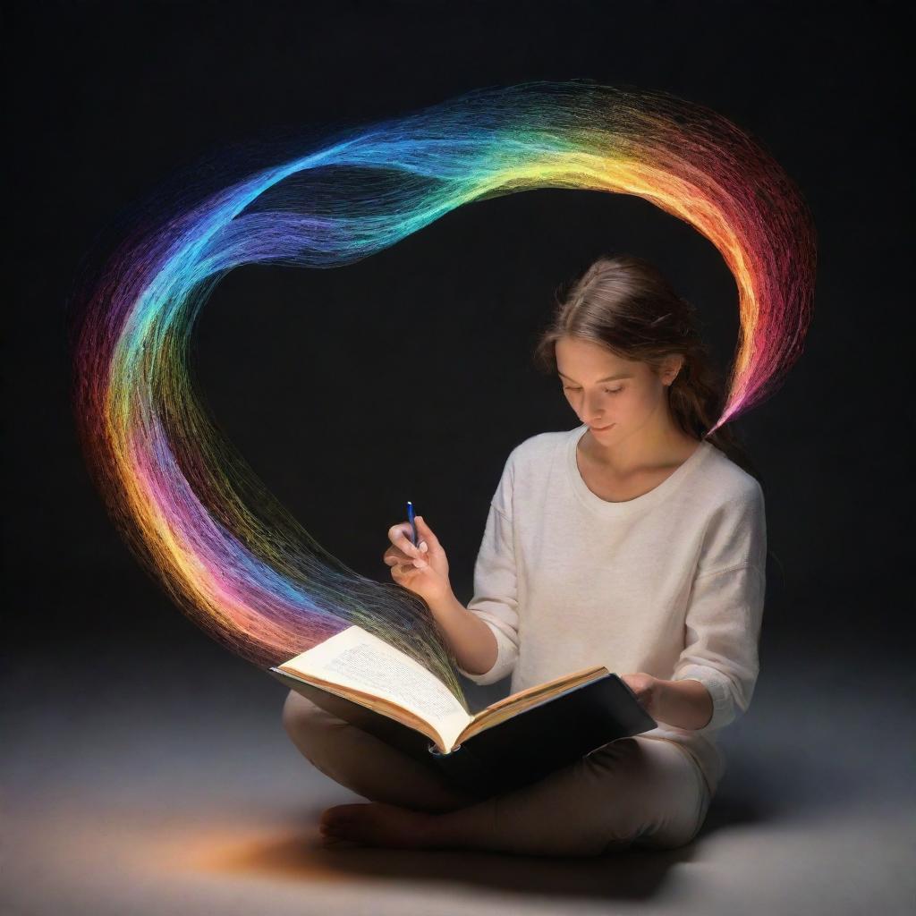 Generate an image of an individual deeply engrossed in reading a book filled with 'ideas' visibly flowing out from the open pages in the form of luminous, colored waves or streams.